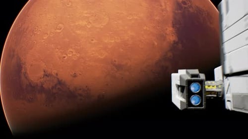 Sci Fi Spaceship Flies Toward Mars Passing By Camera In Space