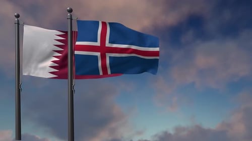 Qatar and Iceland Flags Waving in Wind Against Cloudy Sky