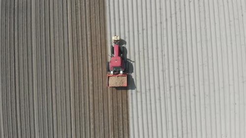 Aerial view of agriculture machinery planting potatoes in farmland, Netherlands