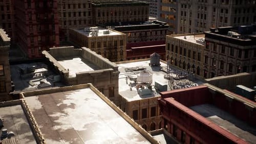 Realistic Aerial Flyover Above City Rooftops and Urban Buildings