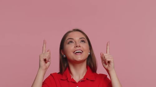 Woman Pointing Empty Place Advertising Area for Commercial Text Copy Space for Goods Promotion