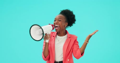 Megaphone, speech and black woman with news, protest and announcement on a blue studio background