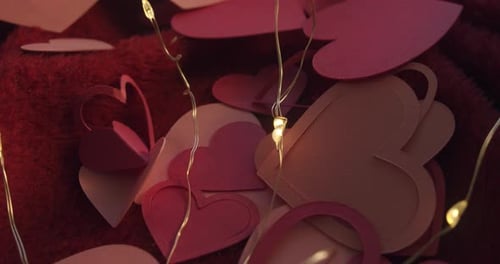 Pink Hearts and String Lights Background