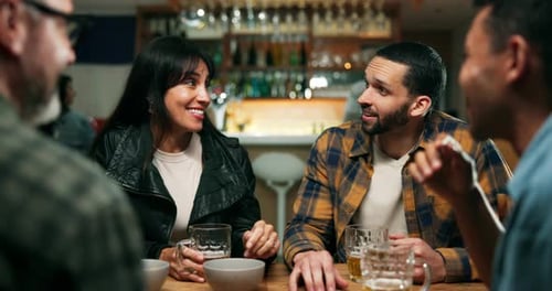 People, beer and friends talk in pub for hangout, social gathering and share story