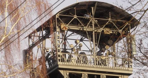 Detailed view of the construction and gearing of the old mining tower of the Michal mine