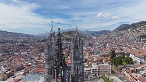 Aerial View Capturing Quito's Landmark Basilica Del Voto Nacional Architectural Splendor Nestled
