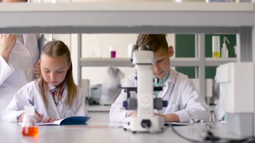 Children Learning Science with Microscope in a Classroom
