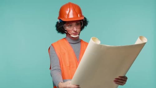 Attractive Serious Responsible Architect Working Architectural Scheme Blueprint