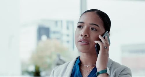 Phone call, negotiation and business woman in office for communication, networking and news