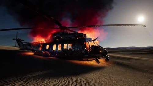 Burned Military Helicopter in the Desert at Sunset