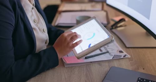 Tablet, business or hands of woman with data analytics for financial growth