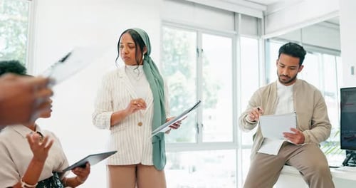 Smile, happy or workshop leadership and paper, documents or tech in teamwork collaboration