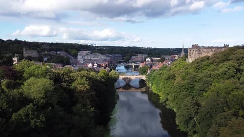 Aerial Drone Shot of River Wear Bridges in Durham City Centre near Durham Castle and Cathedral
