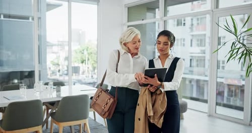 Business woman, team and walking with tablet at office for morning agenda, tasks or schedule
