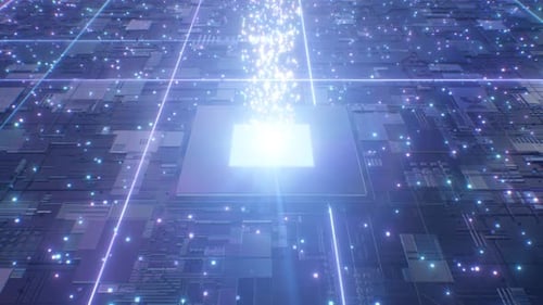 Futuristisches CPU-Computer-Motherboard-Chip-Datentransfer-Stream-Konzept