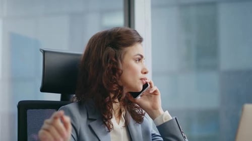 Confident Woman Talking Mobile Phone Sitting Workplace Close Up Business Call