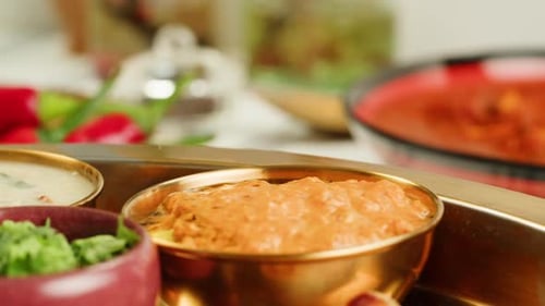 Surtido de comida india de Sri Lanka sobre fondo de madera: platos y aperitivos de Indeed Cuisine