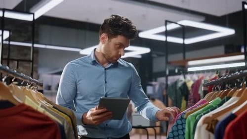 Shop Assistant Checking Tablet Working in Store Closeup Man Doing Inventory