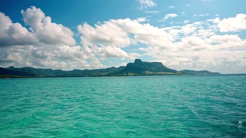 Panoramic view of the Mauritius Coastline. Green landscape and seascape tropical paradise. Vibrant t