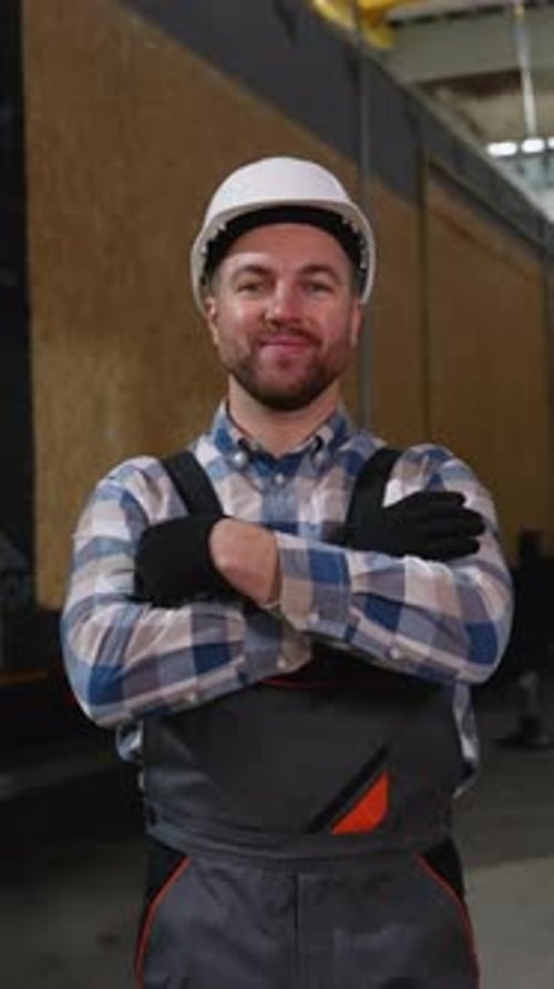 Trabajador de construcción seguro en una fábrica de casas modulares