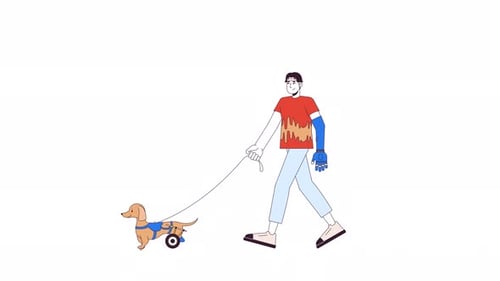Korean man and dog on walking wheels line 2D character animation