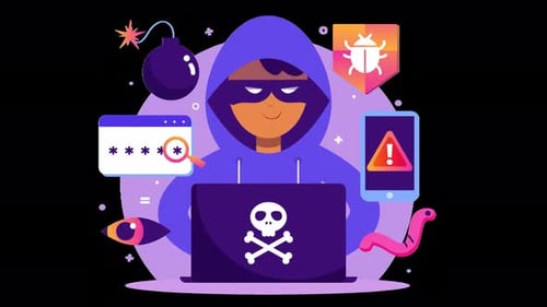 information security, hacker using a computer, computer virus animation 4k with alpha channel