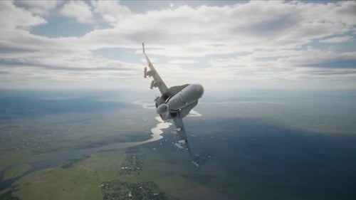 Military Jet Flying Over Green Rural Landscape