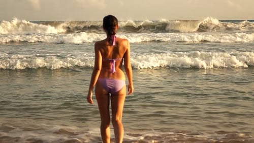 Sexy Woman in Bikini Walking Into Sea, Super 240