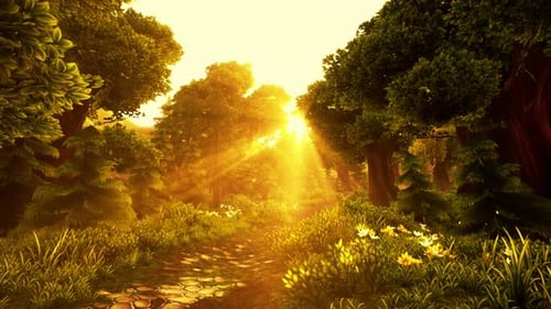 Cartoon Wooded Forest Trees Backlit By Golden Sunlight