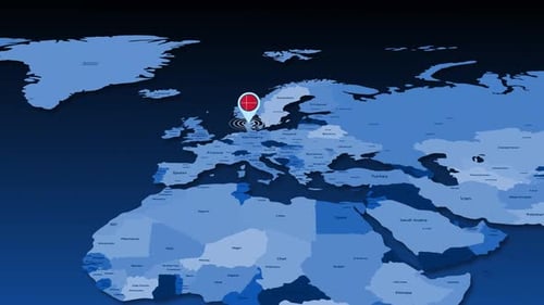 Animated World Map Zoom to Denmark with Location Pin