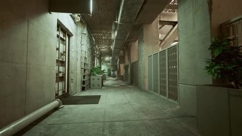 Dark Industrial Passage Filled with Ventilation and Moody Shadows