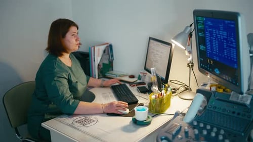 The Doctor Enters the Results of the Ultrasound Examination Into the Computer