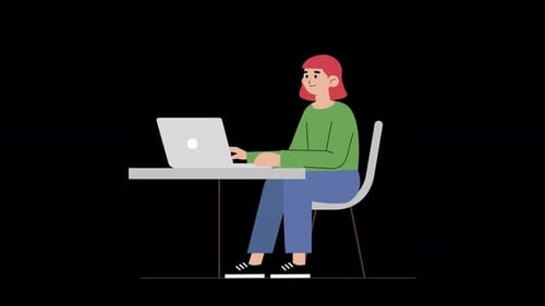 Animated Woman Typing on Laptop Flat Design