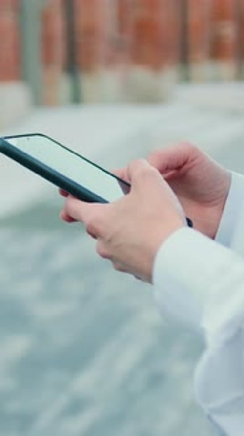 Closeup Woman Hands Using Smartphone on City Street Background Young Girl Typing Text Message and