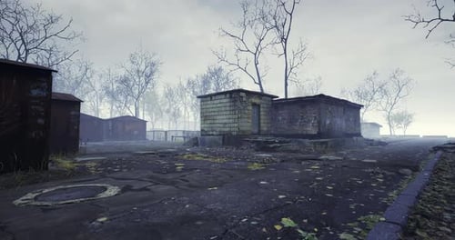 Abandoned Village in Misty Landscape Shows Remnants of Past Life