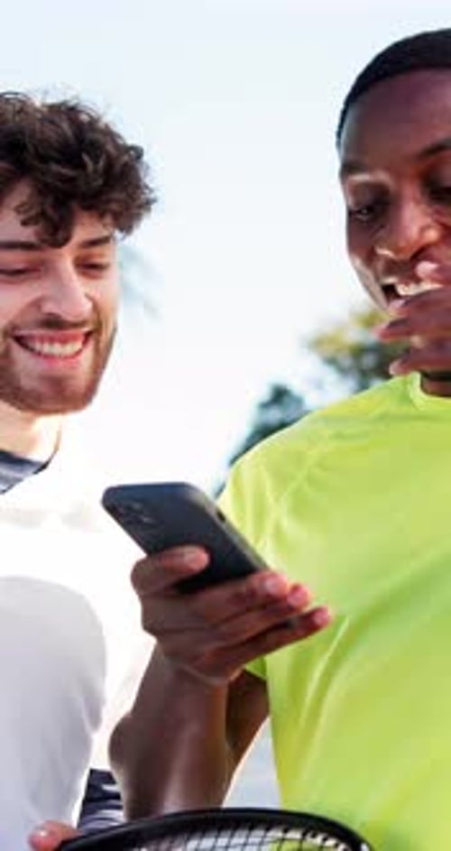 Phone, laughing and tennis with friends on court for social media, sports meme