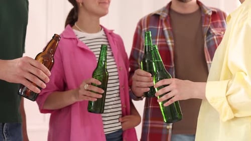 Friends clinking bottles of beer indoors, closeup