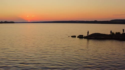 Sunset river scenic landscape. Sunset river water horizon landscape