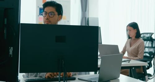 Group Adult Asia male, female freelance typing write prompt AI bot IT app smart program nomad.
