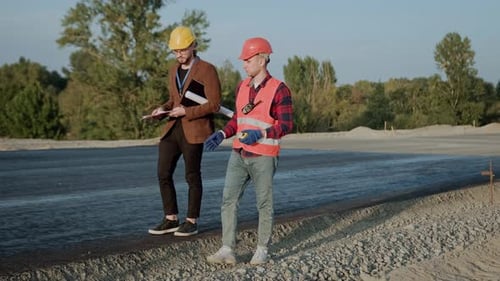 Architect and Construction Worker Inspect Building Site