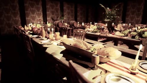 Grand Feast Table Setting with Candlelight in Medieval Style