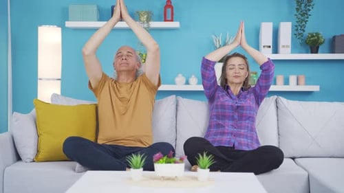 Couple Doing Yoga Together at Home on Couch