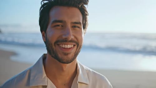 Portrait Happy Man Model Posing on Sunny Sea Coast at Evening Handsome Hipster