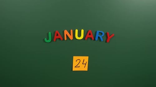 Hand sticking a sticker 24 January calendar day on school board. 24 date of January. Twenty fourth