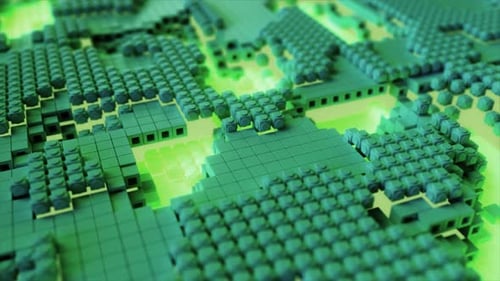 3D-Animation, die eine digitale Landschaft mit leuchtenden grünen Energiekreisen auf einem sechseckigen Gitter zeigt