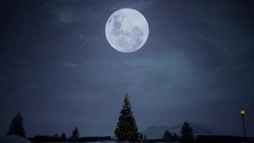 Snowy Christmas Night with Moon and Decorated Tree