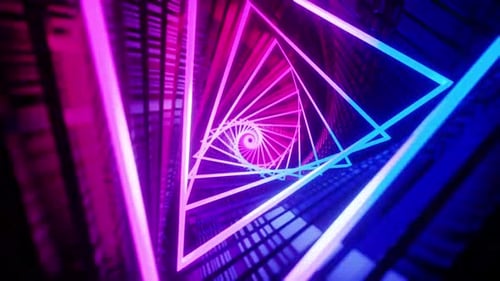 Abstract glowing triangle tunnel with vibrant neon lights effect