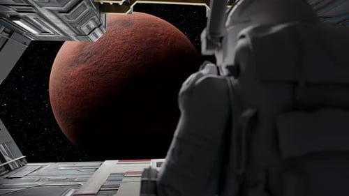 Futuristic Astronaut Views Red Planet from Spaceship