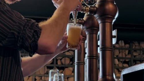 Barman serving tap beer while clients laughing at the bottom