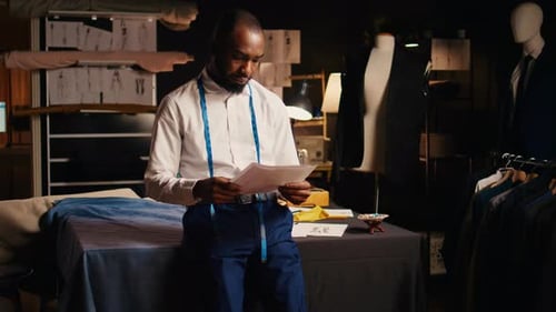 Tailor Reviewing Sketches and Outlines